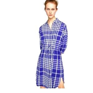 Zara Woman Blue White Plaid Linen Cotton Shirt Dress SIZE LARGE